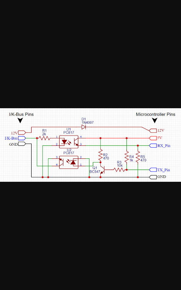 muki01 optocoupler schematic showing PC817 RX/TX paths with BC547 driver
